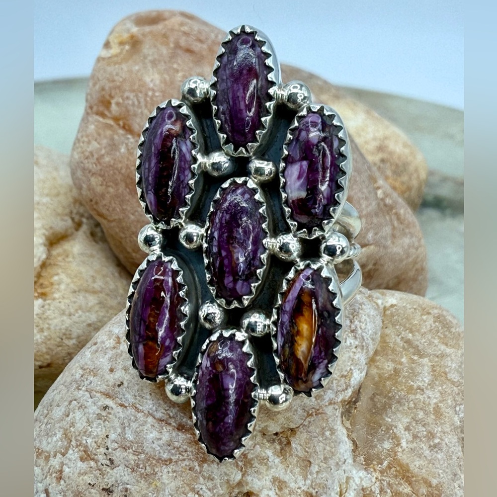 Native American Sterling Silver Purple Spiny Oyster 7-Stone Ring Roberta Begay - Picture 6 of 17
